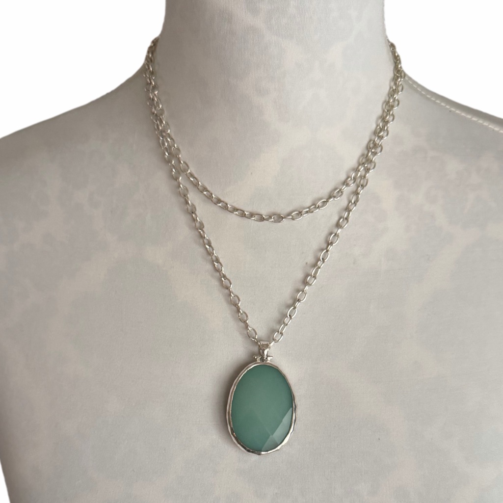 Stella Dot Silver Sanibel Two Sided Stone Pendant Necklace Green Labadorite 35$